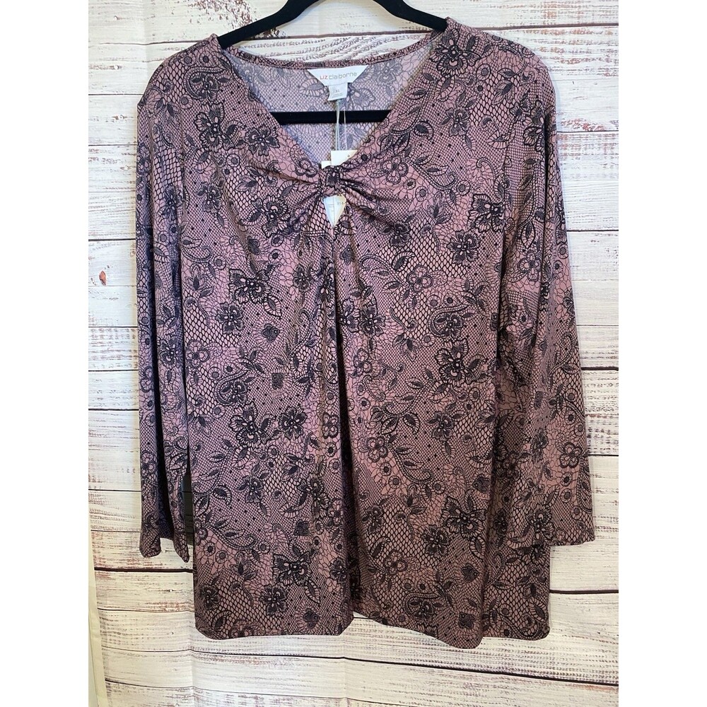 NWT Liz Claiborne Women’s XL Pink/Black Floral Knit Polyester V-Neck